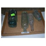 3 vintage bottles  & Ball Ideal glass lidded
