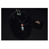 Sterling & raw emerald earrings, ring, necklace &