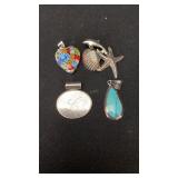 4 sterling pendants: C, turquoise, sea life and
