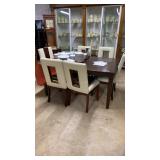 Dark cherry dining table w/ leaf & 6 leather back