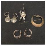 6pcs Sterling Jewelry: Cat Pin & Earrings,
