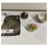 Ladies vintage purse, knob, floral basket &