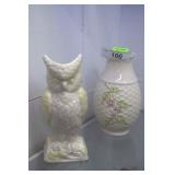 2 Beleek vases: Owl & floral basket weeve