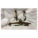 Antique tools: drill, miners pick axe, push screw