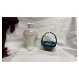 Blown White Glass Vase, Blue yellow Vase