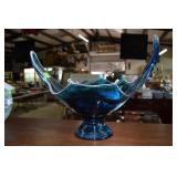 Blue Free form art glass center bowl with milk