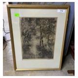 Framed art .Charcoal woods scene with birds in