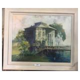 Acrylic on canvas  Geometric lake house with dock