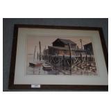 Rustic fishing dock scene w/ 2 row boats,