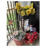 Clay Planter / Metal Plant Stand / Faux Plants