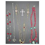 Red Coral-Turq Necklace-Earrings / Sterling Cross
