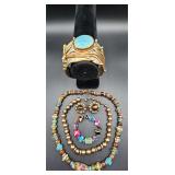 Rhinestone Necklace-Earrings / Brass Bracelet