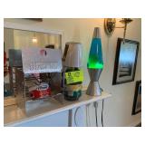 Sterno Cooker, Folgers Bottle Lamp,& Lava Lamp