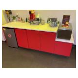 LARGE RED COFFEE BAR WITH WHITE TOP, 96 IN X 30 IN