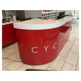 L SHAPE RED WITH WHITE TOP LOBBY DESK, 64 IN X 90