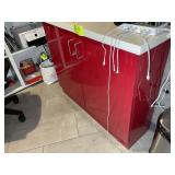 RED TWO DOOR CABINET WITH WHITE TOP, 40 IN X 12 IN