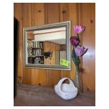 FRAMED MIRROR, 24 IN X 20 IN, WITH VASES