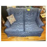 BLUE UPHOLSTERED LOVE SEAT, 55 IN LONG