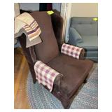 BROWN UPHOLSTERED ARM CHAIR, 43 IN TALL