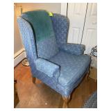 BLUE UPHOLSTERED ARM CHAIR, 42 IN TALL