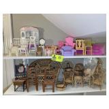 TWO SHELVES OF MISC DOLL FURNITURE, PLASTIC AND WI