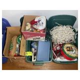 THREE TOTES WITH MISC CHRISTMAS DECORATIONS, LIGHT