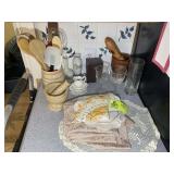 CONTENTS ON COUNTER TO LEFT OF FRIDGE, GLASSWARE,