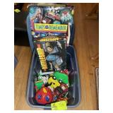 TOTE WITH MISC GAMES, TOYS, BATTLE SHIP, CARS, ETC