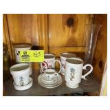 SHELF WITH POTTERY STYLE BOWLS, COFFEE CUPS, ETC