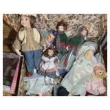 LARGE BOX OF DOLL AND FIGURINES AND DOLL FURNITURE