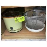 BOTTOM SHELF, INCLUDING CROCK POT AND VARIOUS BOWL