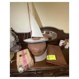 GROUP OF WOODEN STORAGE BOXES, BASKET, SAIL BOAT