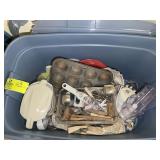 PLASTIC TUB WITH ASSORTED KITCHEN UTENSILS, FOOD P