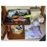 TWO SHELVES OF WOODEN AND PLASTIC DOLLHOUSE FURNIT