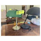 TWO DESK LAMPS, GREEN PLASTIC SHADE