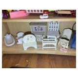 BOTTOM TWO SHELVES CONTAINING DOLL FURNITURE AND D