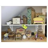 TOP TWO SHELVES CONTAINING DOLL FURNITURE AND DECO