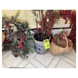 GROUP OF ARTIFICIAL GREENERY, BERRIES AND BASKETS