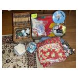 WICKER SEWING BASKET AND MISC FABRIC