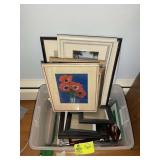 TOTE WITH MISC FRAMED PICTURES AND FRAMES