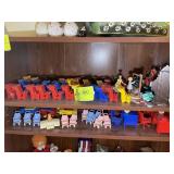 TWO SHELVES OF DOLL HOUSE FURNITURE, MOSTLY PLASTI