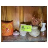 SHELF WITH POTTERY STYLE VASES, CREAMER, SUGAR, ET