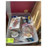 CLEAR TOTE WITH MISC DOLL HOUSE FURNITURE, AND TOY