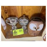 SHELF WITH POTTERY VASES, BOWLS, ETC