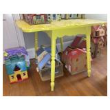 YELLOW WOODEN DROP LEAF TABLE, APPROX 42 IN X 35 I