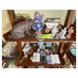 TWO SHELVES WITH ASSORTED FIGURINES, PIG BANK, ETC