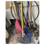 LARGE GROUP OF YARD TOOLS, RAKE, SHOVEL, BAR CLAMP