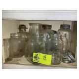 GROUP OF CANNING JARS, OIL LAMPS, ETC