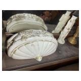 CONTENTS ON MANTLE LIKE SHELF, FIGURINES, CANDLE H