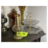 GROUP OF OIL LAMPS WITH CHIMNEYS, VASE, DESSERT PL
